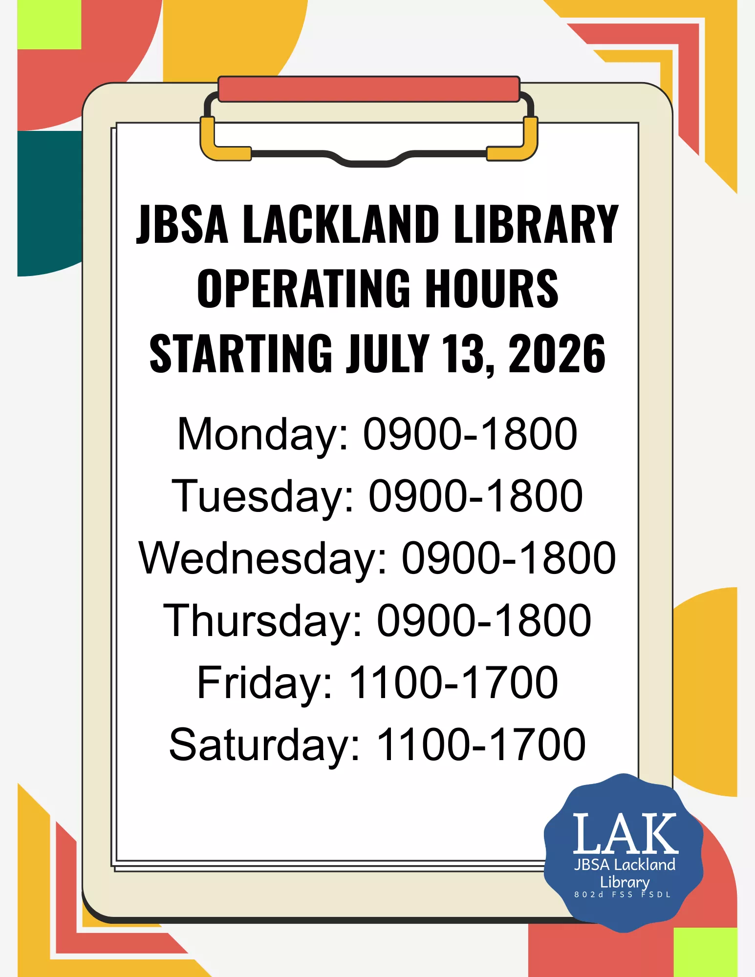 Normal Operating Hours Beginning July 13, 2026