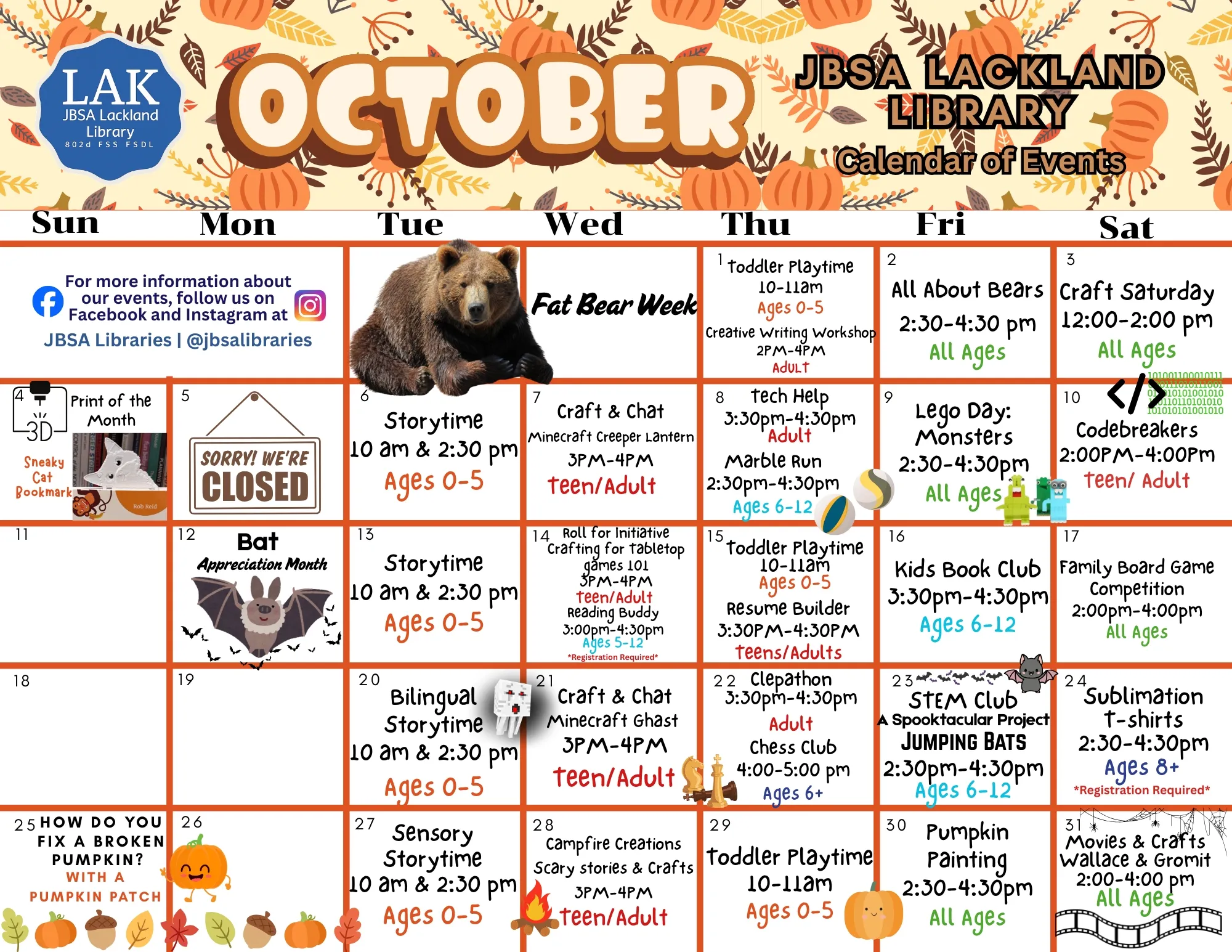 October Calendar of Events at Lackland Library