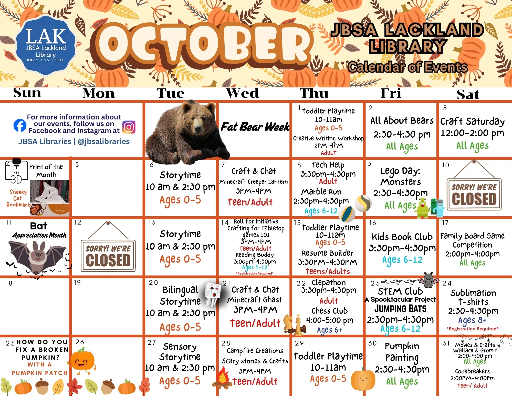 October Calendar of Events at Lackland Library